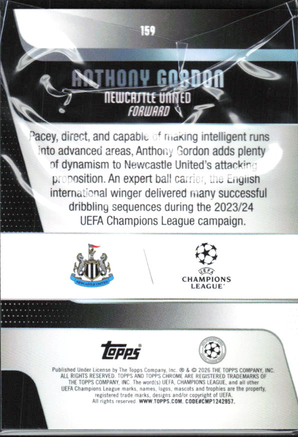 Anthony Gordon 2025-26 Chrome UEFA #159 – baksida