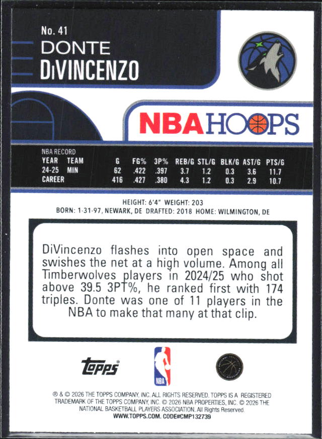 Donte DiVincenzo 2025-26 NBA Hoops #41 – baksida