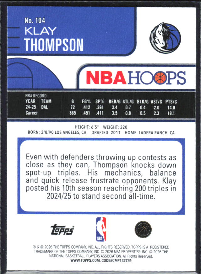Klay Thompson 2025-26 NBA Hoops #104 – baksida