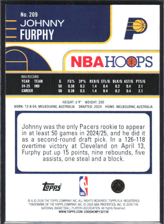 Johnny Furphy 2025-26 NBA Hoops #209 – baksida