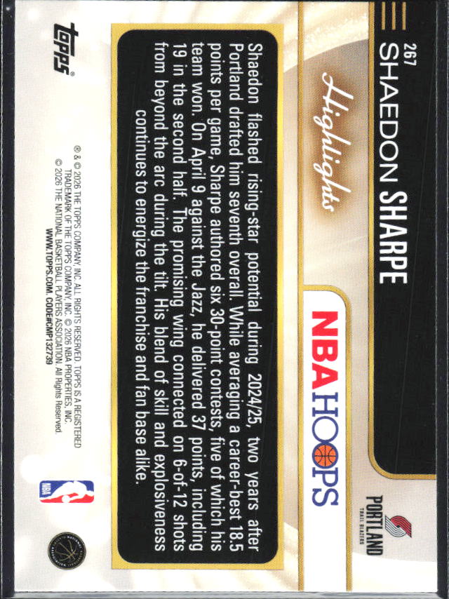 Shaedon Sharpe 2025-26 NBA Hoops Highlights #267 – baksida