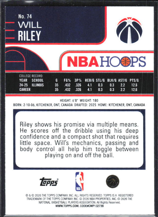 Will Riley 2025-26 NBA Hoops RC #74 – baksida