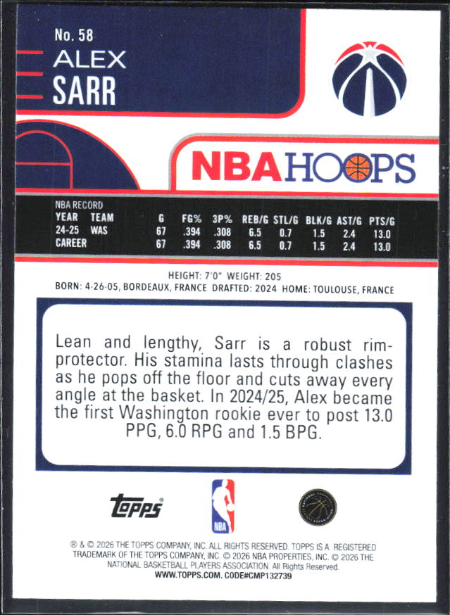 Alex Sarr 2025-26 NBA Hoops #58 – baksida