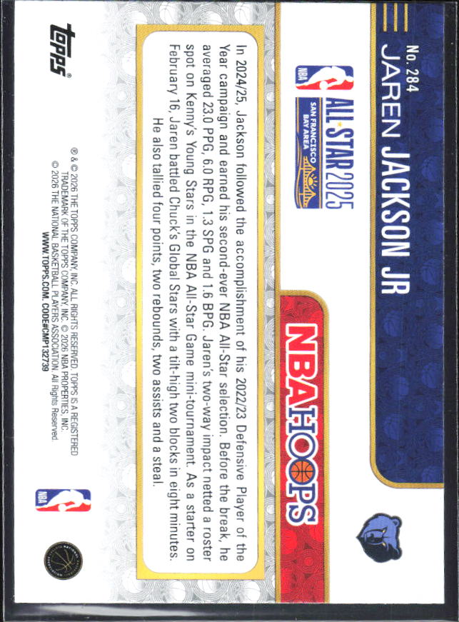 Jaren Jackson Jr. 2025-26 NBA Hoops All-Star 2025 #284 – baksida