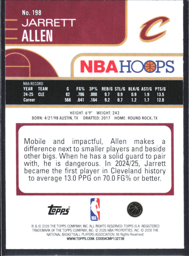 Jarrett Allen 2025-26 NBA Hoops #198 – baksida