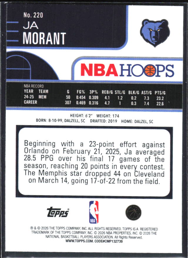Ja Morant 2025-26 NBA Hoops #220 – baksida