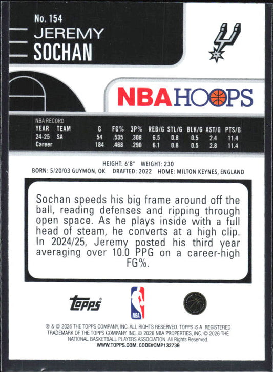 Jeremy Sochan 2025-26 NBA Hoops #154 – baksida