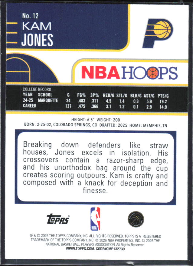 Kam Jones 2025-26 NBA Hoops RC #12 – baksida
