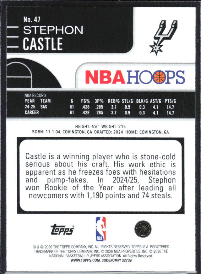 Stephon Castle 2025-26 NBA Hoops #47 – baksida