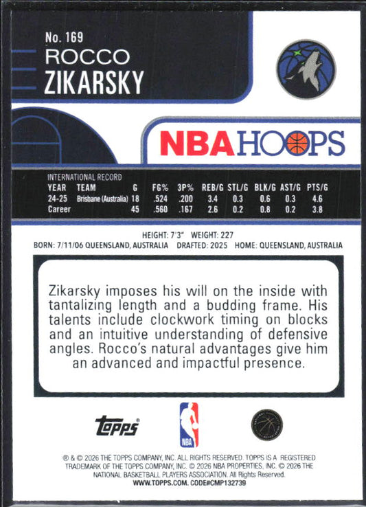 Rocco Zikarsky 2025-26 NBA Hoops RC #169 – baksida