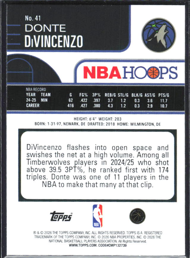 Donte DiVincenzo 2025-26 NBA Hoops #41 – baksida
