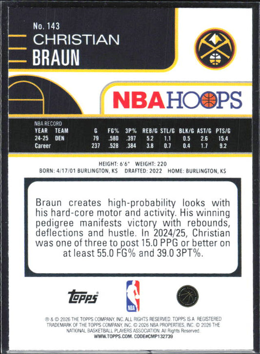 Christian Braun 2025-26 NBA Hoops #143 – baksida
