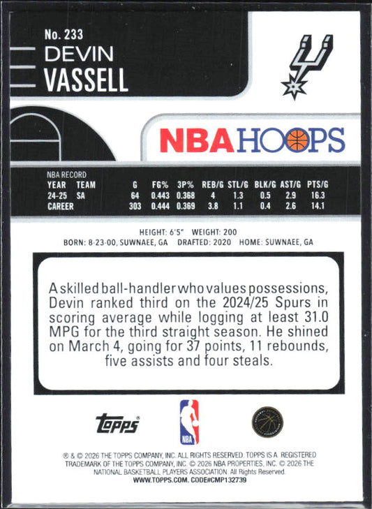 Devin Vassell 2025-26 NBA Hoops #233 – baksida