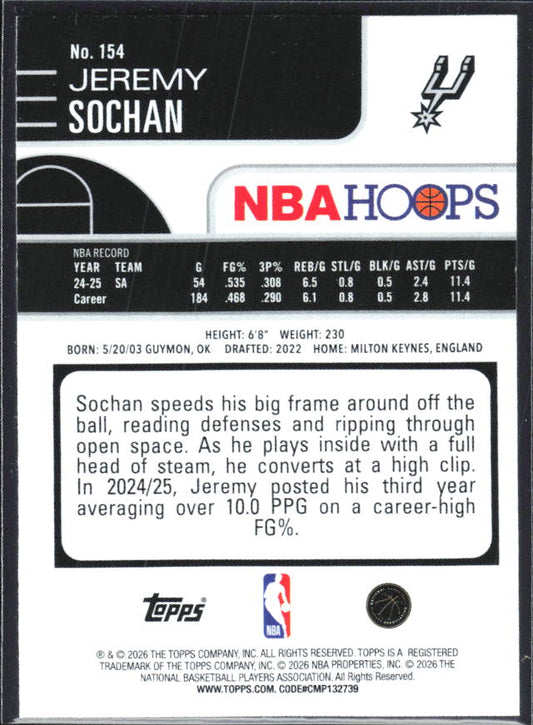 Jeremy Sochan 2025-26 NBA Hoops #154 – baksida