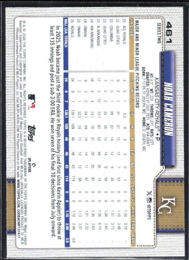 Noah Cameron 2026 Series 2 All-Star Rookie #461 – baksida