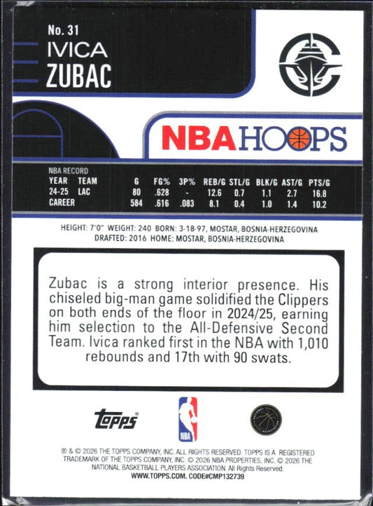 Ivica Zubac 2025-26 Topps NBA Hoops #31 – baksida