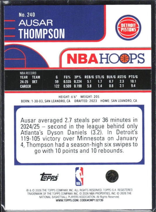 Ausar Thompson 2025-26 Topps NBA Hoops #240 – baksida