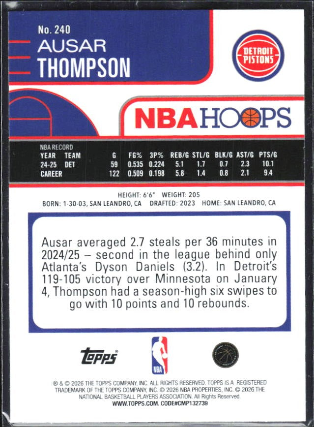 Ausar Thompson 2025-26 Topps NBA Hoops #240 – baksida