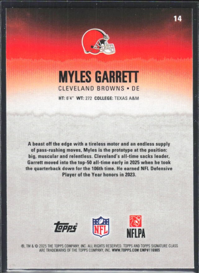 Myles Garrett 2025 Topps Signature Class Football #14 – baksida
