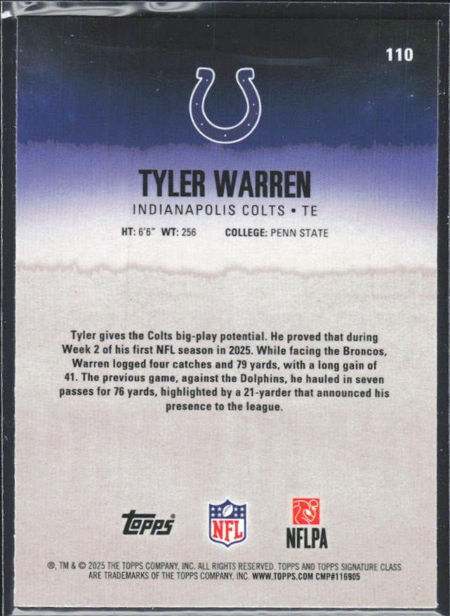 Tyler Warren 2025 Topps Signature Class Football #110 – baksida