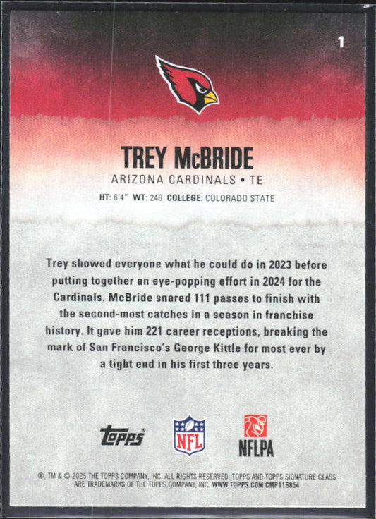Trey McBride 2025 Topps Signature Class Football #1 – baksida