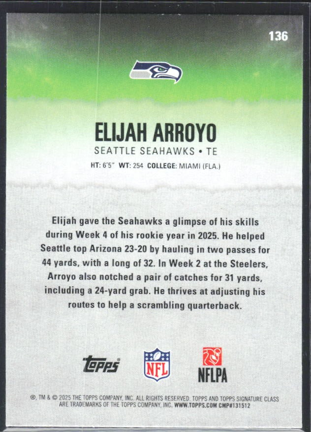 Elijah Arroyo 2025 Topps Signature Class Football #136 – baksida