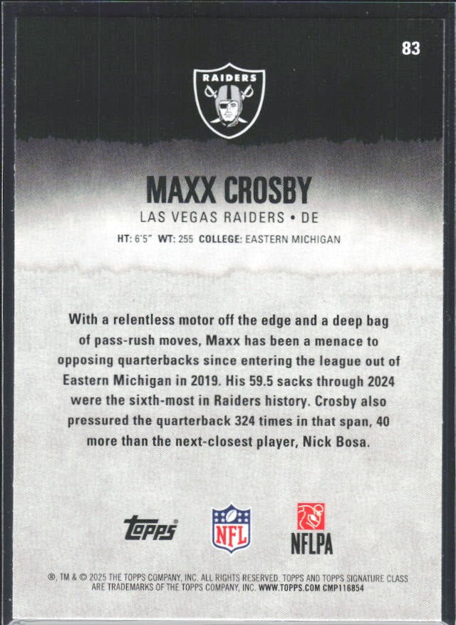 Maxx Crosby 2025 Topps Signature Class Football #83 – baksida