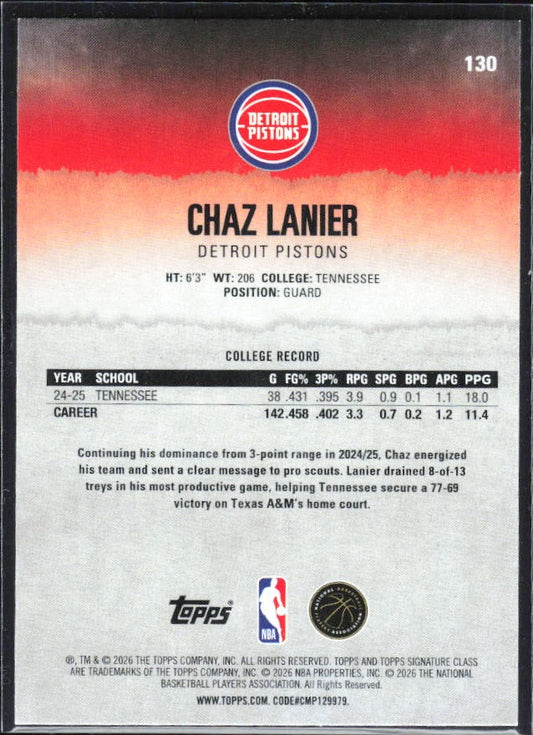Chaz Lanier 2025-26 Topps Signature Class Basketball #130 – baksida