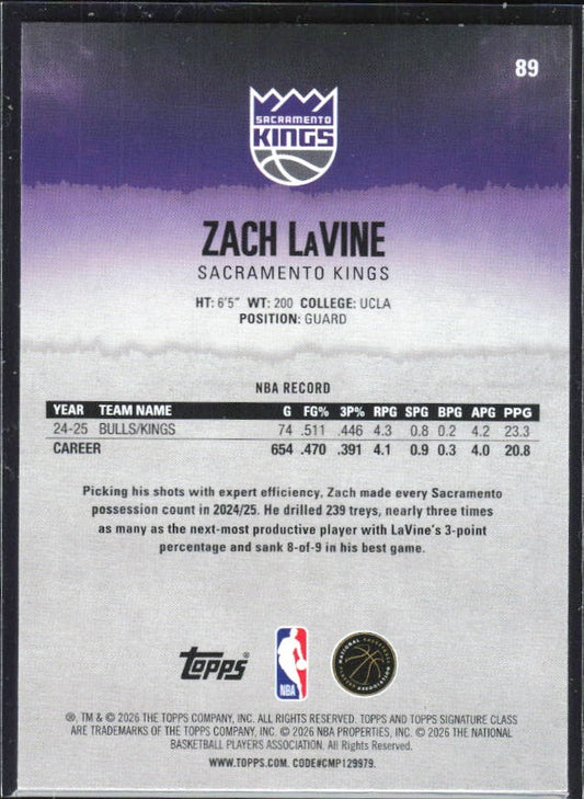 Zach LaVine 2025-26 Topps Signature Class Basketball #89 – baksida