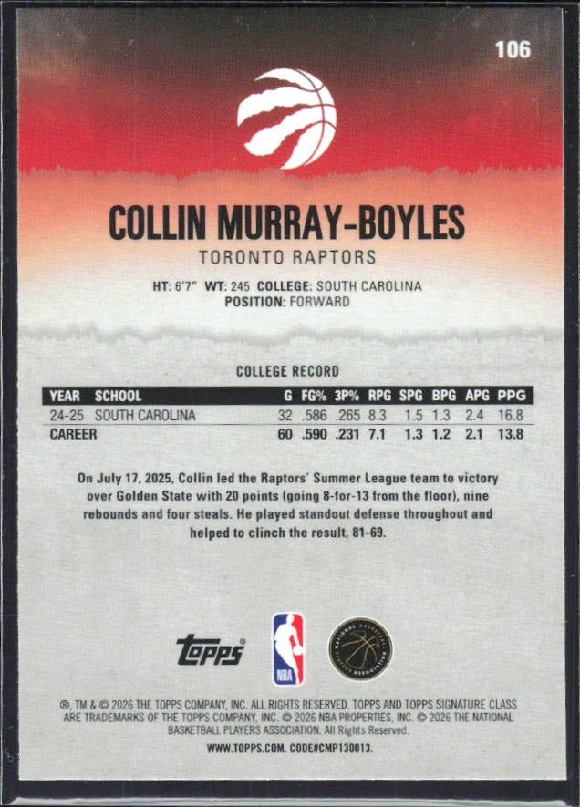 Collin Murray-Boyles 2025-26 Topps Signature Class Basketball #106 – baksida