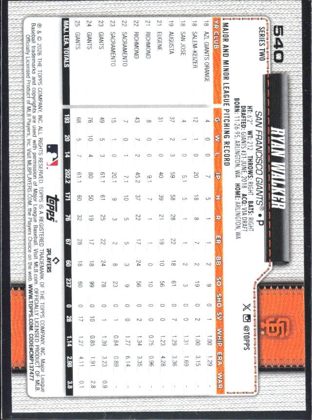 Ryan Walker 2026 Topps Series 2 #540 – baksida