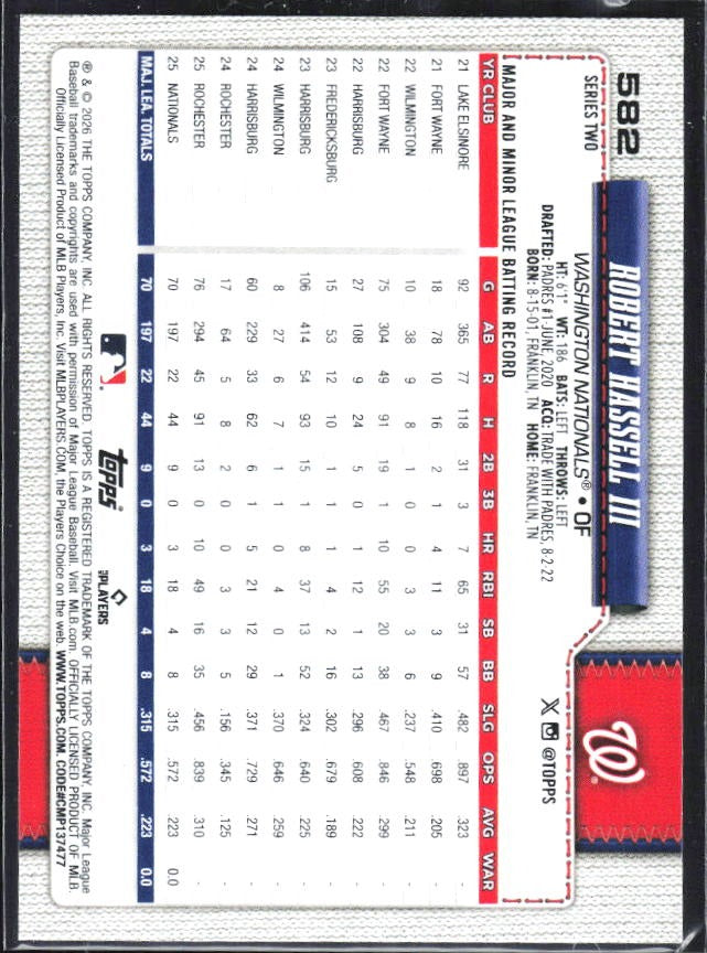 Robert Hassell III 2026 Topps Series 2 #582 – baksida