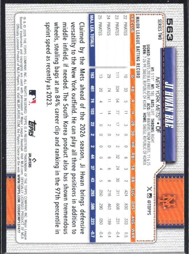 Ji Hwan Bae 2026 Topps Series 2 #563 – baksida