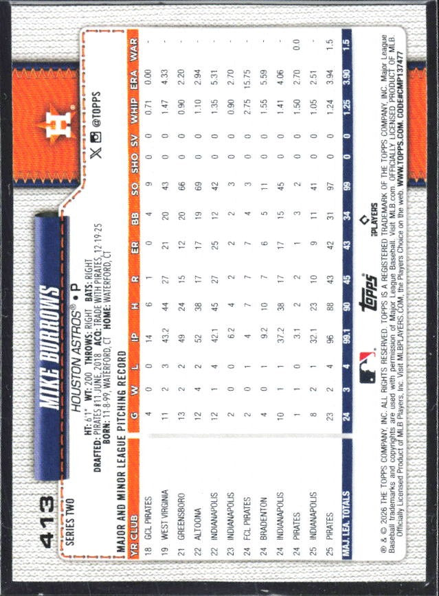 Mike Burrows 2026 Topps Series 2 #413 – baksida