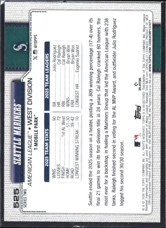 Seattle Mariners 2026 Topps Series 2 #525 – baksida