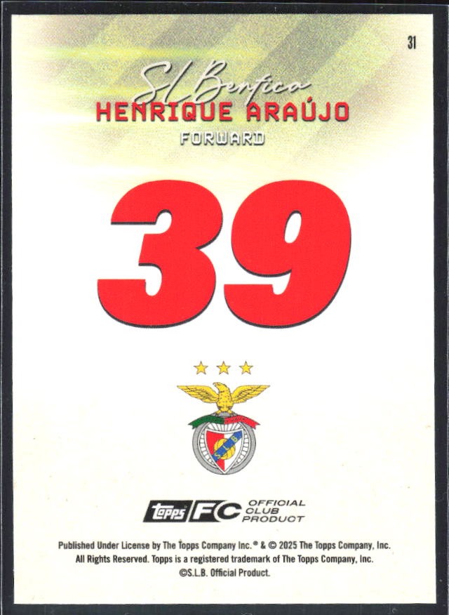 Henrique Araújo 2025-26 Topps Benfica Pitch Pursuits #31 – baksida