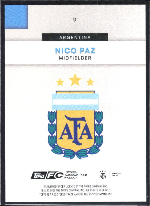 Nico Paz 2026 Topps Argentina #9 – baksida