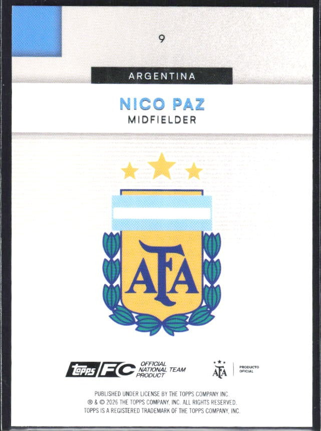 Nico Paz 2026 Topps Argentina #9 – baksida