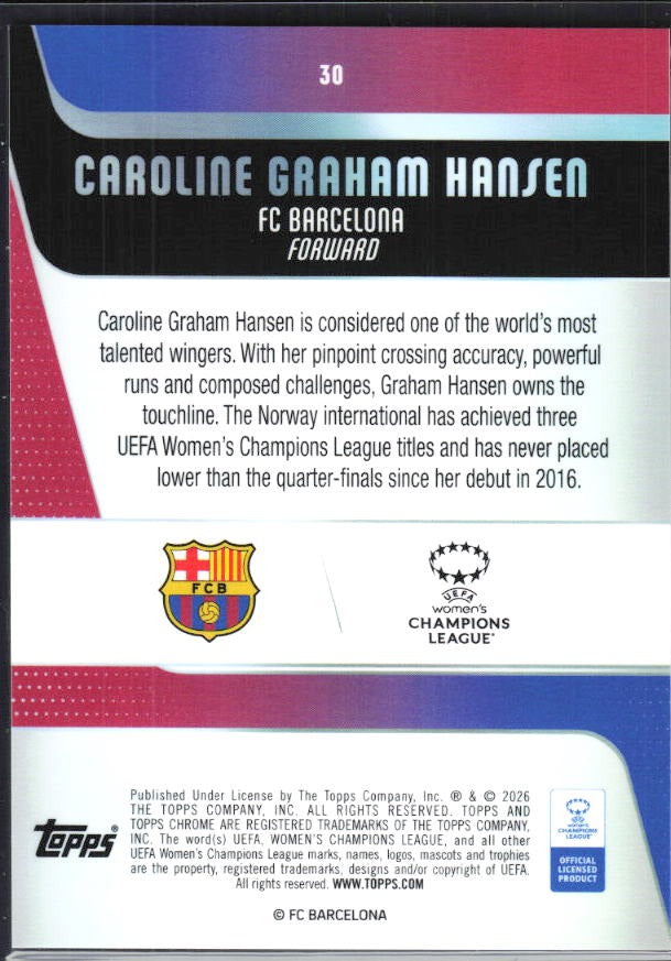 Caroline Graham Hansen 2025-26 Topps Chrome UWCL #30 – baksida