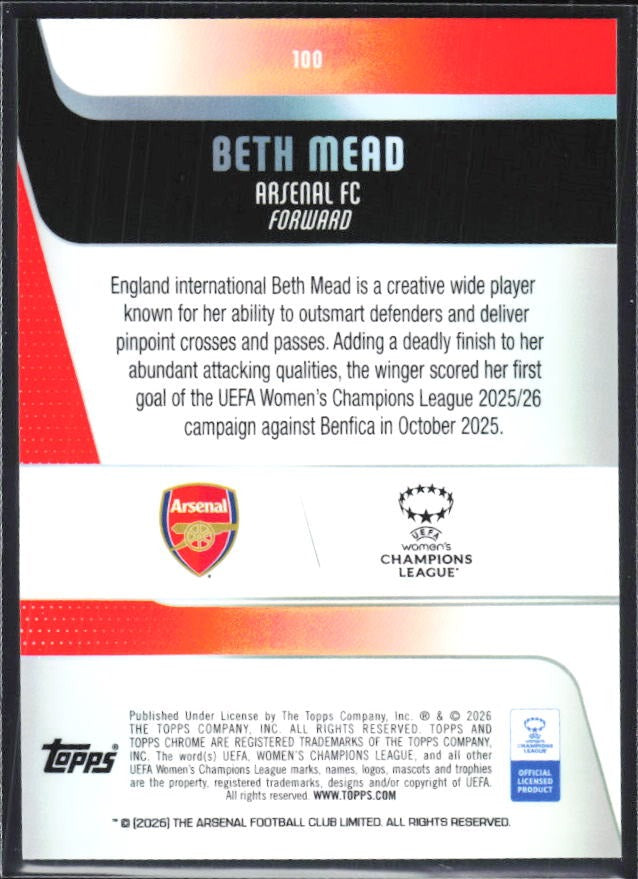Beth Mead 2025-26 Topps Chrome UWCL #100 – baksida