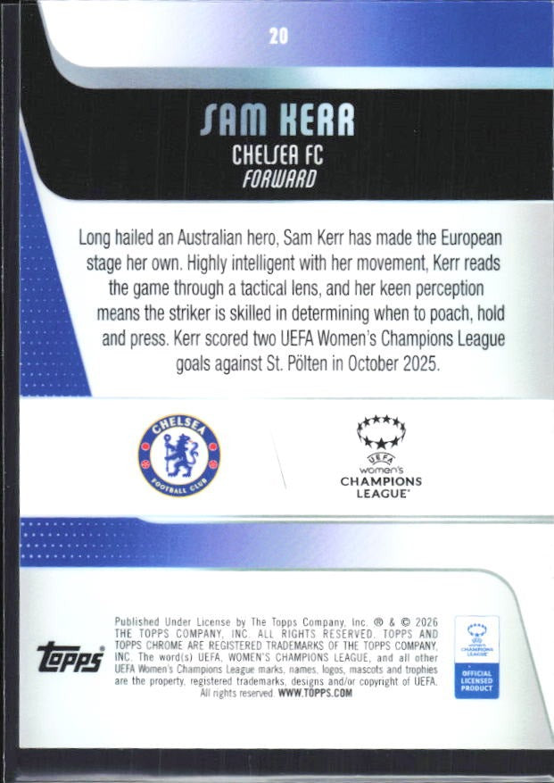 Sam Kerr 2025-26 Topps Chrome UWCL #28 – baksida