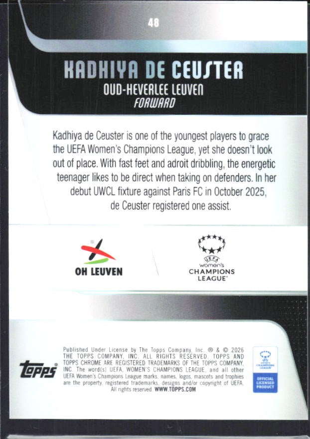 Kadhiya De Ceuster 2025-26 Topps Chrome UWCL #48 – baksida