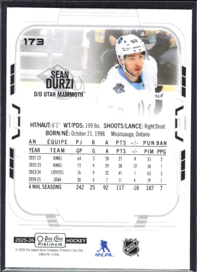 Sean Durzi 2025-26 O-Pee-Chee Platinum #173 – baksida