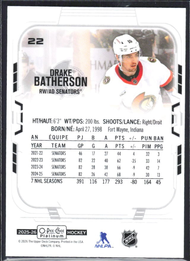 Drake Batherson 2025-26 O-Pee-Chee Platinum #22 – baksida