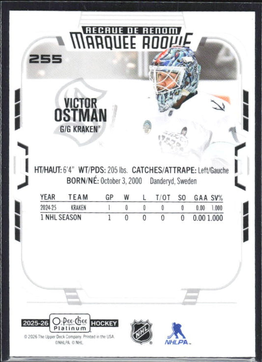Victor Östman 2025-26 O-Pee-Chee Platinum Marquee Rookie #255 – baksida