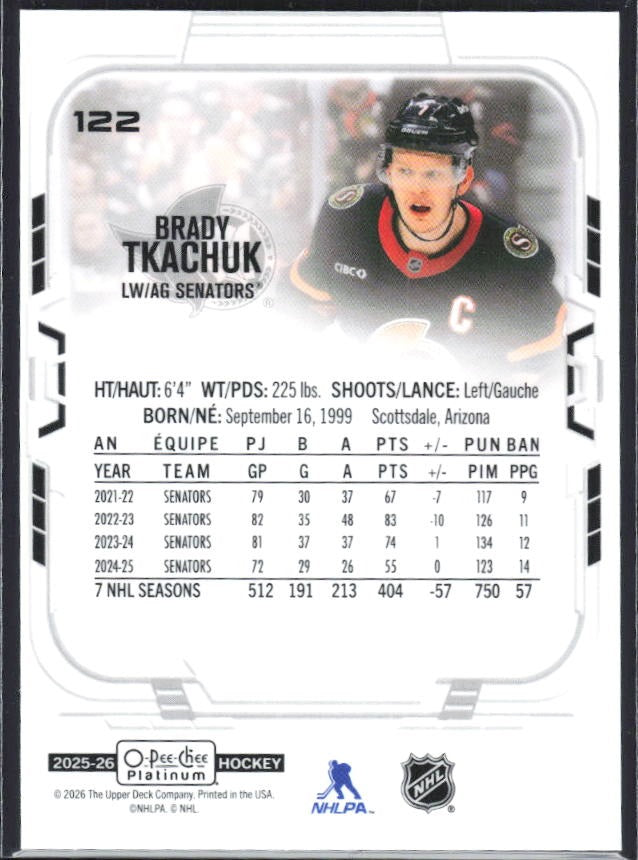 Brady Tkachuk 2025-26 O-Pee-Chee Platinum #122 – baksida
