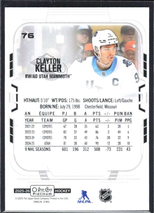 Clayton Keller 2025-26 O-Pee-Chee Platinum #76 – baksida
