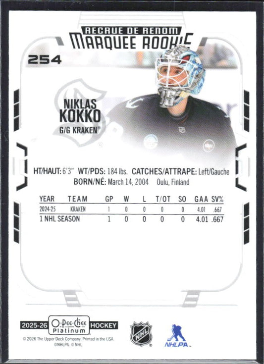 Niklas Kokko 2025-26 O-Pee-Chee Platinum Marquee Rookie #254 – baksida