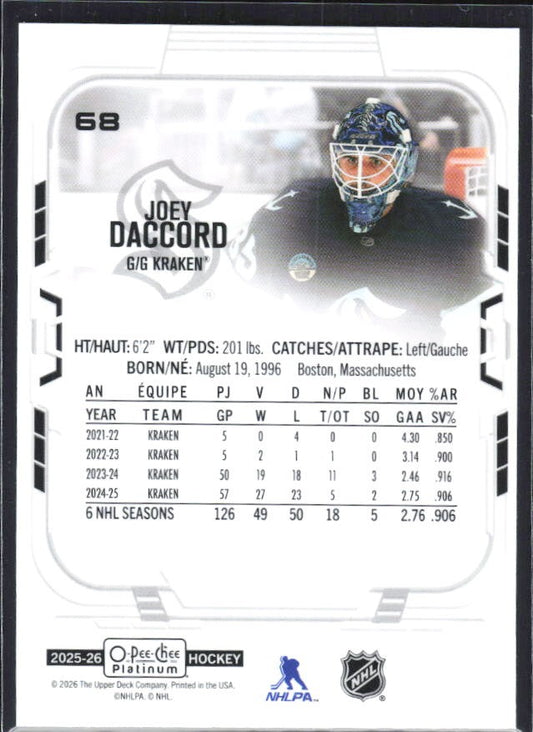 Joey Daccord 2025-26 O-Pee-Chee Platinum #68 – baksida