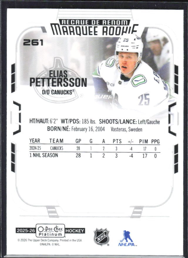 Elias Pettersson 2025-26 O-Pee-Chee Platinum Marquee Rookie #261 – baksida